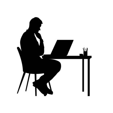 Masada dizüstü bilgisayarda çalışan bir adamın silüeti. Vektör illüstrasyonu
