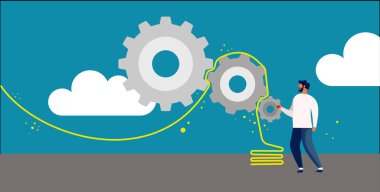 Mekanizmayı çalıştıran bir adam. - Evet. Vektör illüstrasyonu