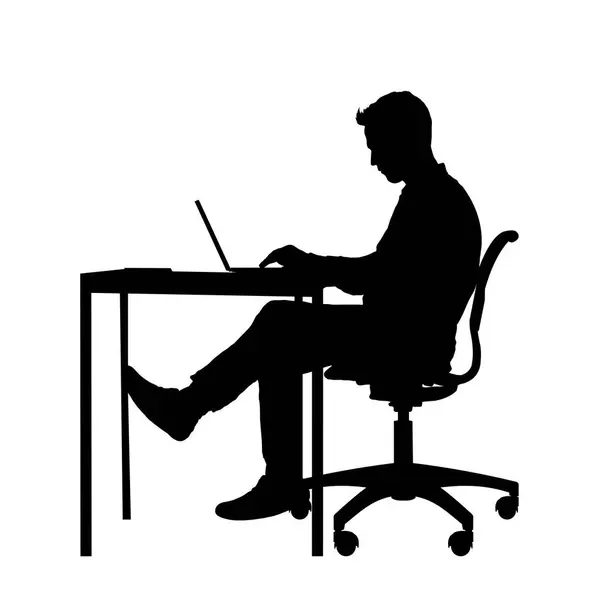 Masada dizüstü bilgisayarda çalışan bir adamın silüeti. Vektör illüstrasyonu