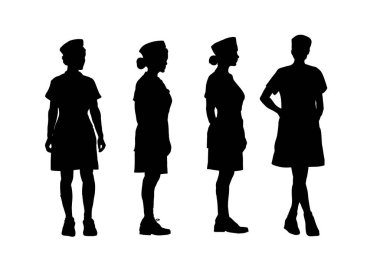 Bir dizi hemşire silueti. Vektör illüstrasyonu