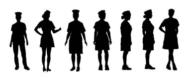 Bir dizi hemşire silueti. Vektör illüstrasyonu