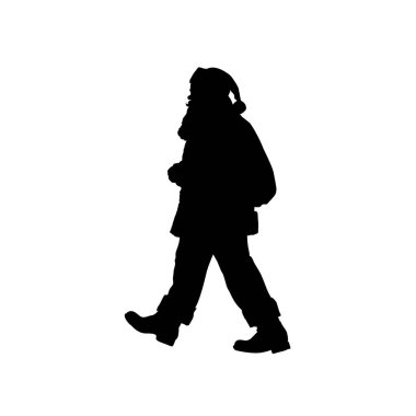 Yürüyen Noel Baba 'nın silueti içinde hediyeler olan bir çanta taşıyor. Vektör illüstrasyonu