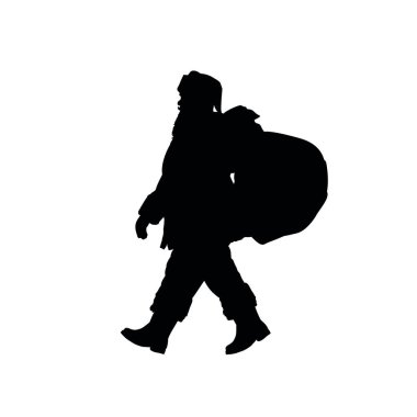 Yürüyen Noel Baba 'nın silueti içinde hediyeler olan bir çanta taşıyor. Vektör illüstrasyonu