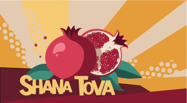 Shana Tova, Rosh Hashanah. Pankart, stilize nar meyveli vektör arkaplan. Vektör illüstrasyonu