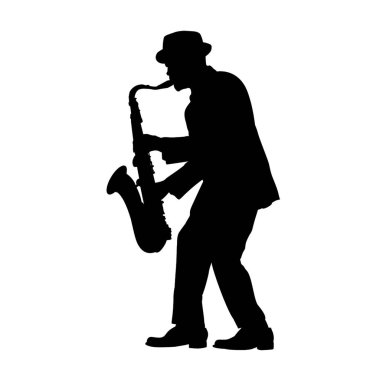 Saksafon çalan siyahi bir adamın silueti, Jazzman - vektör çizimi. 