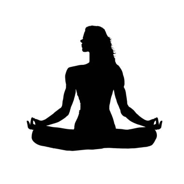 Meditasyon yapan bir kadının silueti, yoga yapan bir kadın. Vektör illüstrasyonu