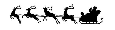 Ren geyikleri tarafından çekilen Noel Baba kızağı silueti. Vektör illüstrasyonu