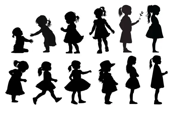 Bir grup çocuk silueti, bebek silueti, erkek, kız. Vektör illüstrasyonu