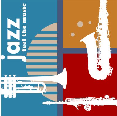 Müzik aletleri siluetlerinin yer aldığı renkli caz posteri