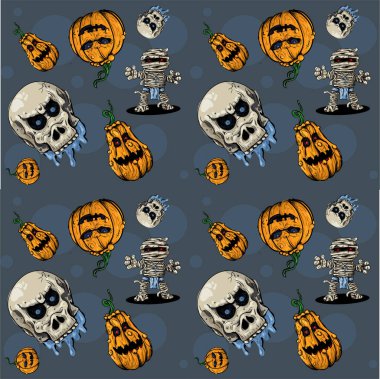 Cadılar bayramında, koyu arkaplanda kabak ve kafatası desenleri var.