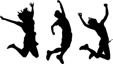 Siluetli insanlar beyaz arkaplanda enerjik bir şekilde zıplıyorlar