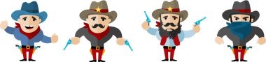 Farklı pozlardaki kovboy karakterleri, vektör illüstrasyonu