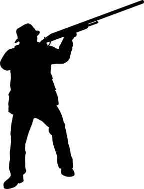 Beyaz arka planda izole edilmiş av tüfeği ile erkek avcının silueti. 