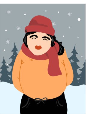 Eşarp takan bir kadın. Kış zamanı. vektör illüstrasyonu.