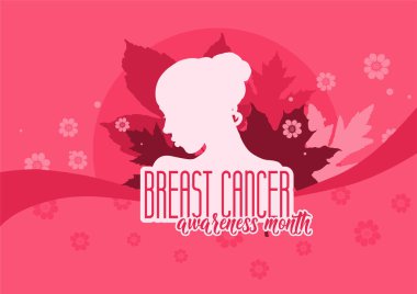 Kadın silueti ve pembe arkaplan ile meme kanseri farkındalığı ayı pankartı, vektör illüstrasyonu