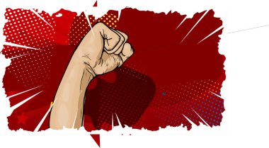 Cesur kırmızı mizah arka planına karşı kaldırılmış yumruk