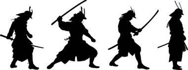 Samurayların siluetlerini ayarla, vektör illüstrasyonu