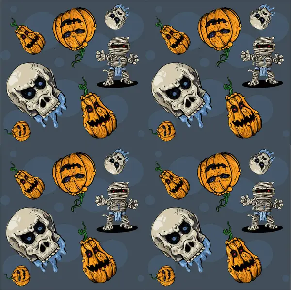 Cadılar bayramında, koyu arkaplanda kabak ve kafatası desenleri var.