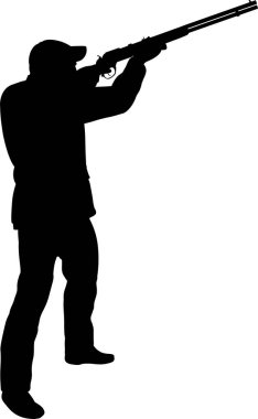 Beyaz arka planda izole edilmiş av tüfeği ile erkek avcının silueti. 
