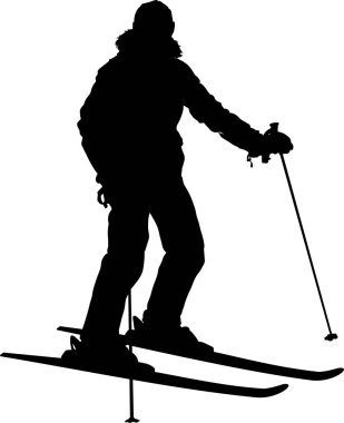 Kayak yapan adamın silueti elinde kayak sopalarıyla tepeden aşağı kayıyor.