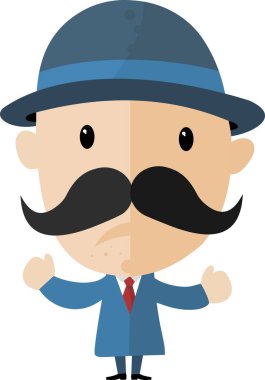 Mavi takım elbiseli ve şapkalı çizgi film adamı.