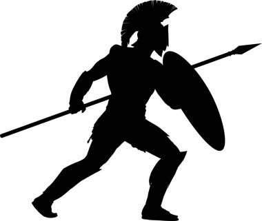 Mızrak ve kalkan tutan eski bir savaşçı silueti.