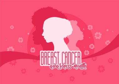 Kadın silueti ve pembe arkaplan ile meme kanseri farkındalığı ayı pankartı, vektör illüstrasyonu