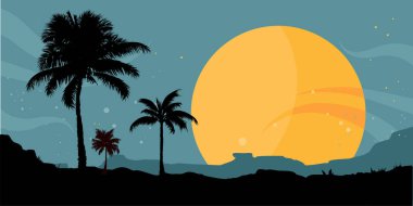 Çölde, palmiye ağaçları ve büyük güneşli güzel bir günbatımının vektör çizimi