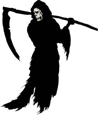 Azrail büyük tırpanla tehditkar bir şekilde ayakta duruyor.