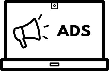 Laptop ekranında reklamları gösteren megafon simgesi