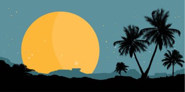 Çölde, palmiye ağaçları ve büyük güneşli güzel bir günbatımının vektör çizimi