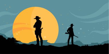 Gece çölde iki kovboyun vektör silueti.