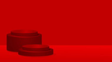 Kırmızı silindir podyumun 3d görüntüsü, geometrik şekilli soyut arkaplan. 