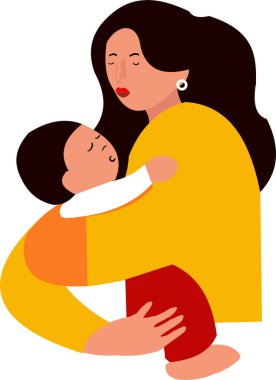 Anne kızını kucağında basit bir resimle geziyor.