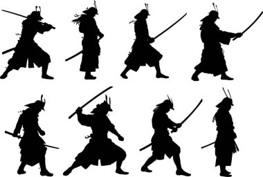 Kılıçları bir arada tutan samuray savaşçılarının siluetleri.