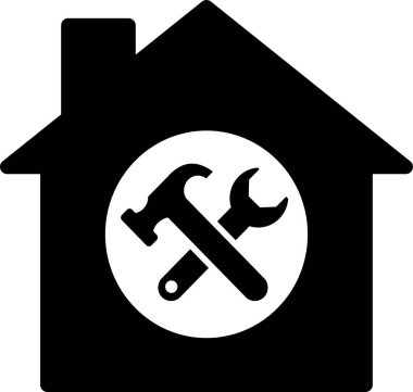 Siyah ev silueti çekiç ve anahtar sembolünü gösteriyor.