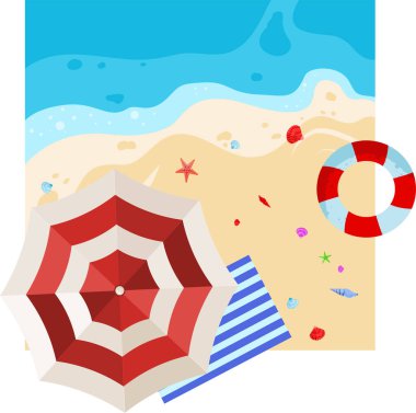 Deniz dalgalarıyla kumsalda şemsiye, renkli vektör 