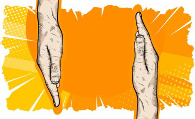 Canlı turuncu arka planda iki el hareketi.