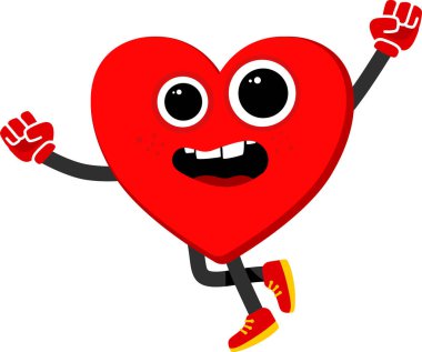 Mutlu bir ifadeyle kırmızı kalp çizgi filmi, vektör illüstrasyonu