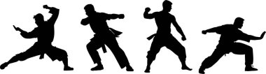 Siluetler dinamik dövüş sanatları duruşları sergiliyor.