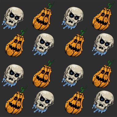 Vektör illüstrasyonu, kafatası ve balkabaklarıyla cadılar bayramı arkaplanı