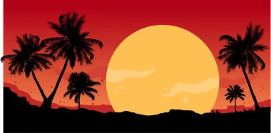 Plajda gün batımı Palmiye ağaçları siluetleri, vektör çizimleri