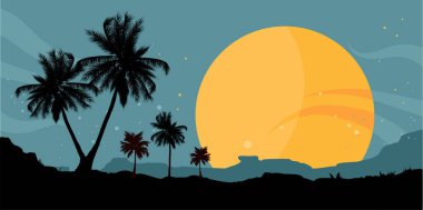 Plajda gün batımı Palmiye ağaçları siluetleri, vektör çizimleri
