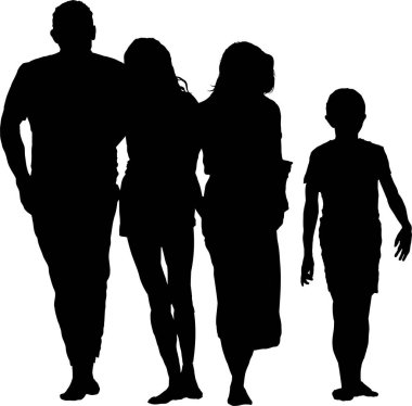 Siluetli aile beyaz arka planda birlikte yürüyor