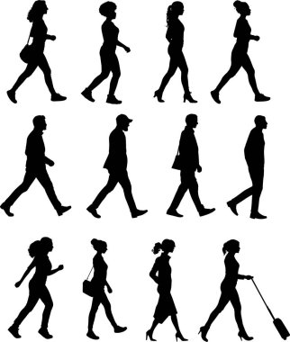 Farklı yönlerde yürüyen insanların siluetleri.