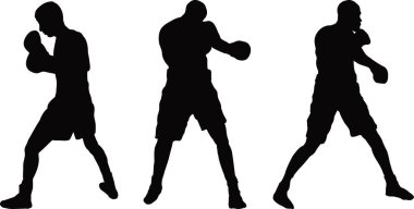 Üç adam boks pozisyonu çalışıyor.