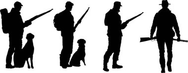 Köpekli erkek avcıların silueti, vektör illüstrasyon