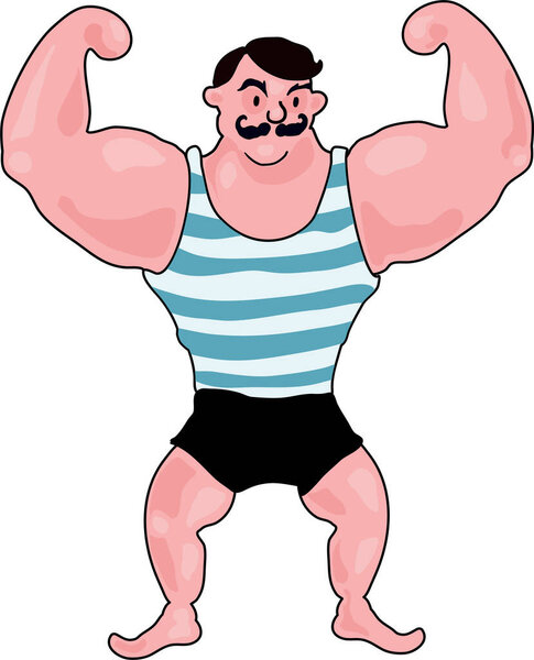 Cartoon strongman flexing muscles wearing striped tanktop