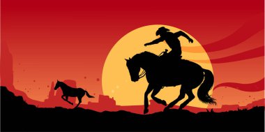 Gün batımında at sırtında kovboyun vektör silueti.