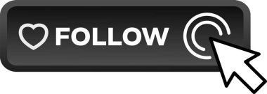 Beyaz arkaplanda bizi siyah düğmeye, vektör illüstrasyonuna takip et 